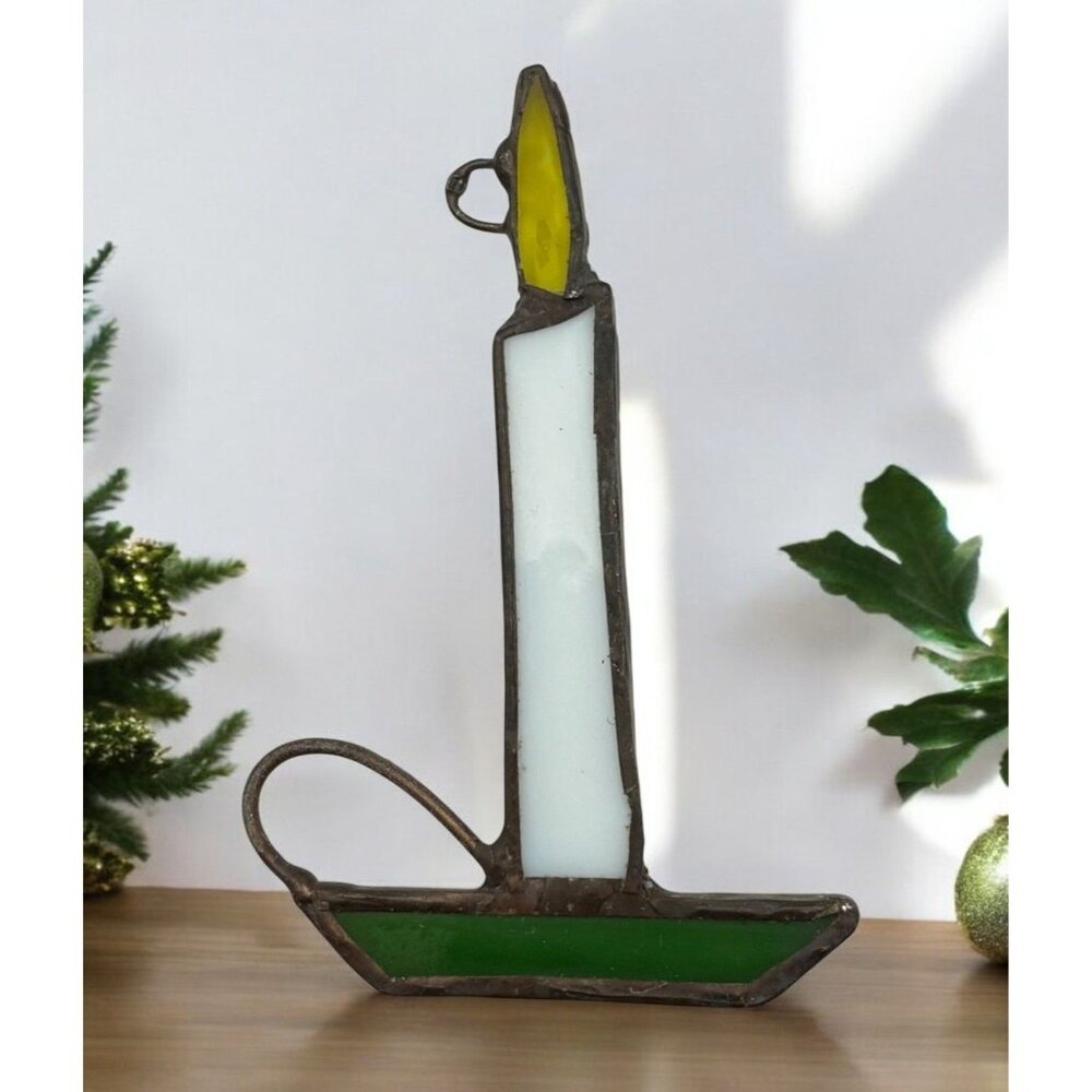 Vintage Candle Christmas Tree Ornament Faux Stained Glass Chamberstick